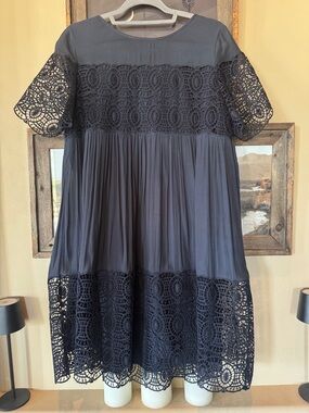 Navy Lace Panel Short Sleeve Dress knee length M